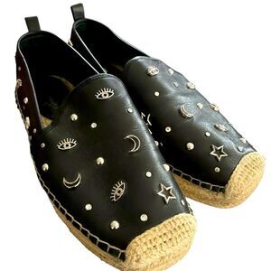 Rebecca Minkoff Black Leather Moon Stars Evil Eye Beatriz Espadrilles Size 9